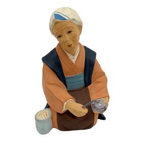 Vintage Wales Japan Figurine - Old Woman Shucking Oysters - 5" - Artisan